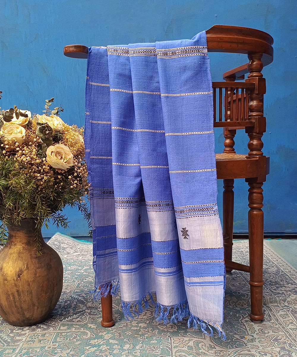 Blue_Handloom_Pure_Kosa_Silk_Striped_Dupatta_WeaverStory_01