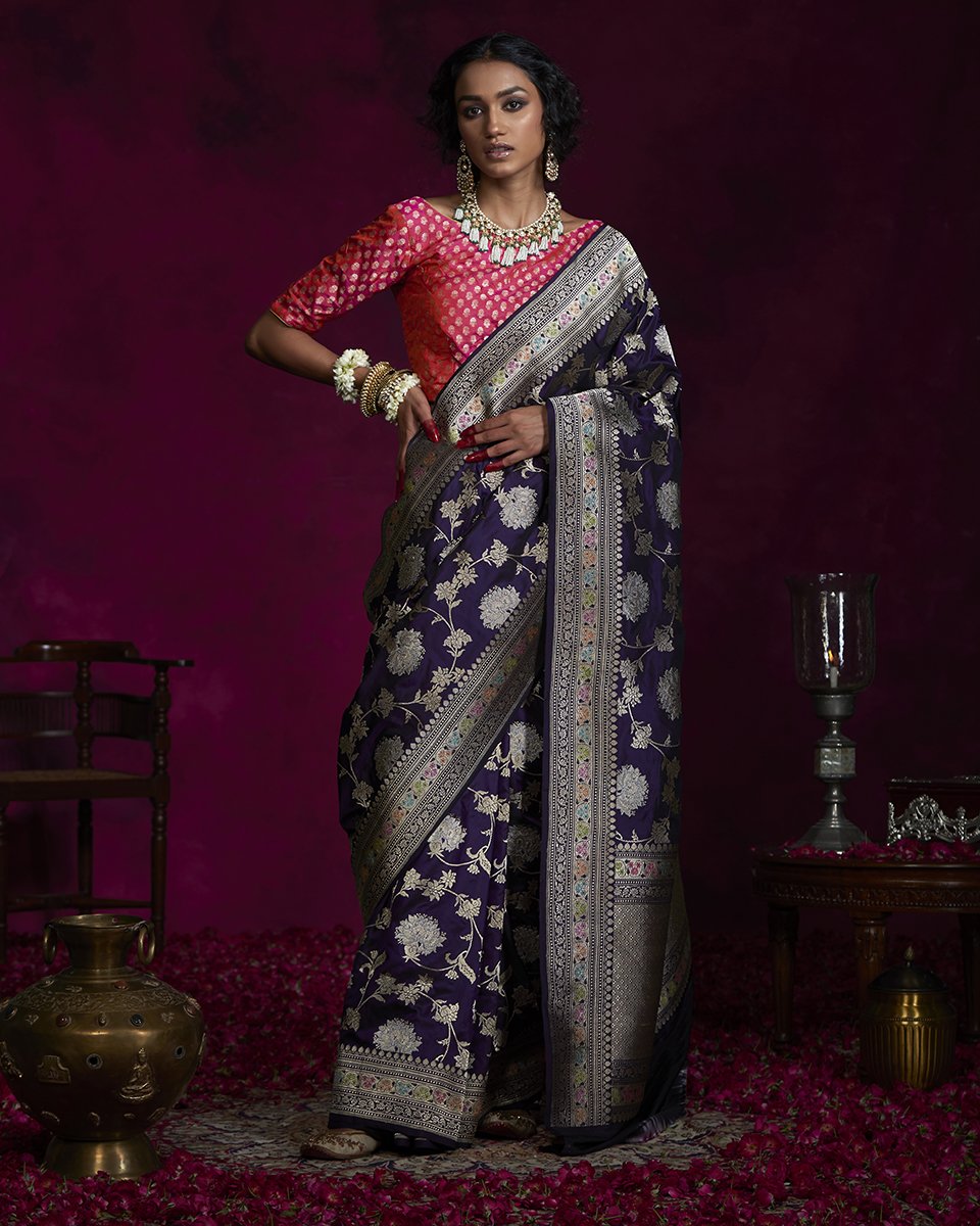 Deep Purple Pure Banarasi Handloom Katan Silk Saree - Aura Benaras