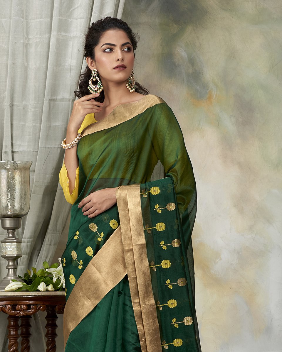 Green Silk Saree With Pearl Embroidery And Dark Green Blouse – RawaazFashion