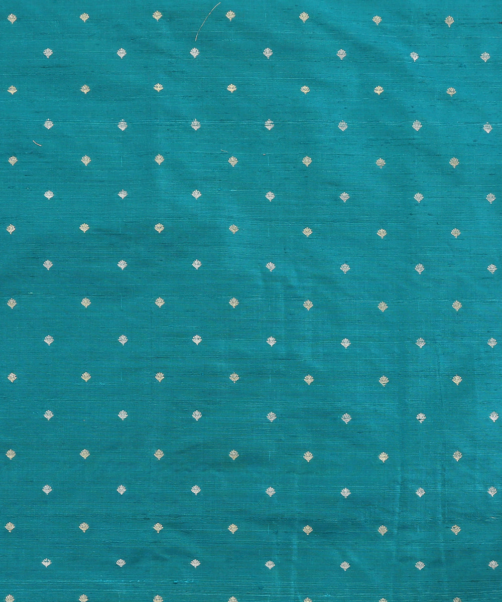 Turquoise_Blue_Handloom_Pure_Tussar_Silk_Banarasi_Fabric_With_Booti_WeaverStory_02