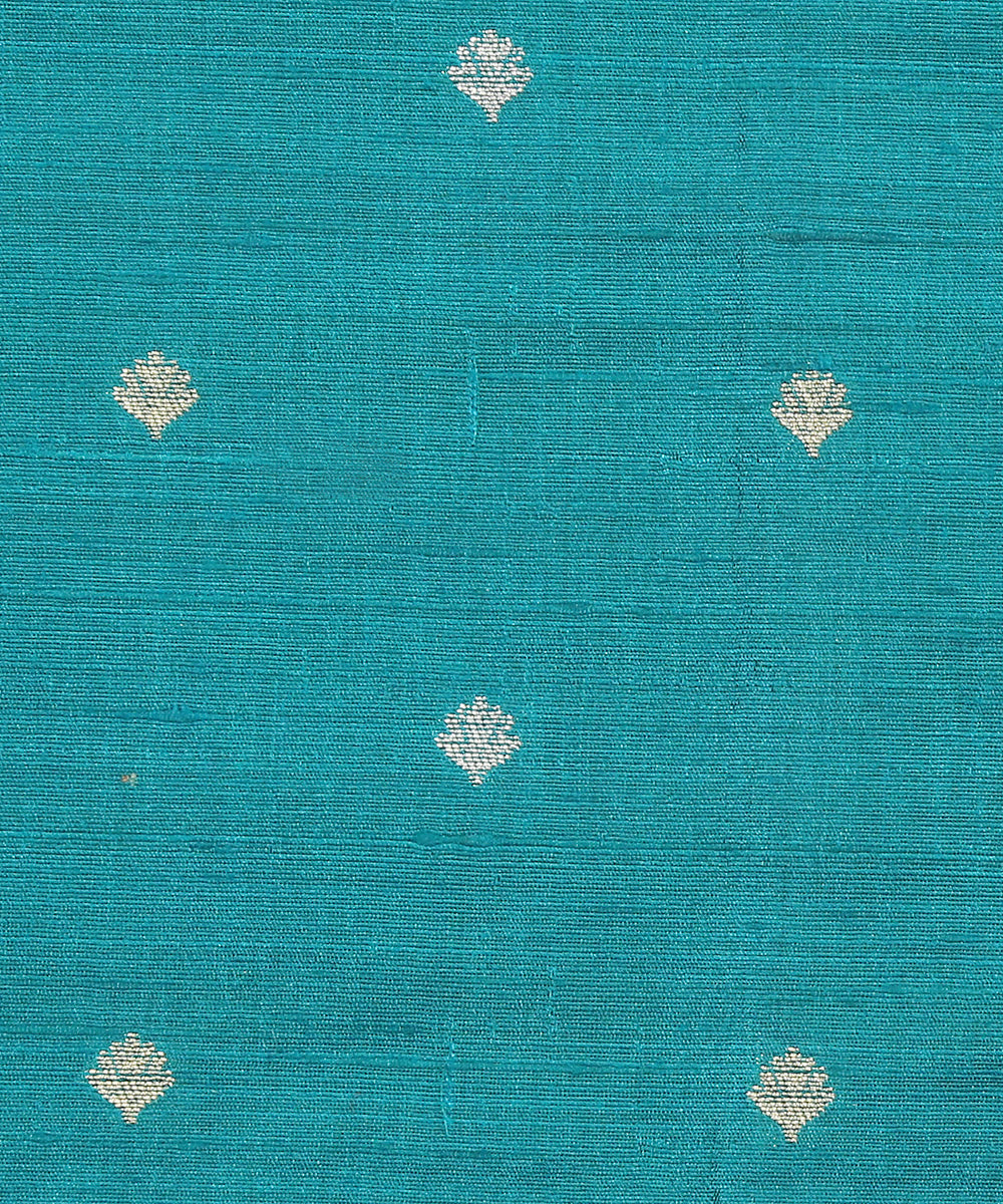 Turquoise_Blue_Handloom_Pure_Tussar_Silk_Banarasi_Fabric_With_Booti_WeaverStory_03