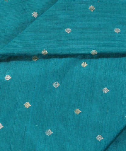 Turquoise_Blue_Handloom_Pure_Tussar_Silk_Banarasi_Fabric_With_Booti_WeaverStory_04
