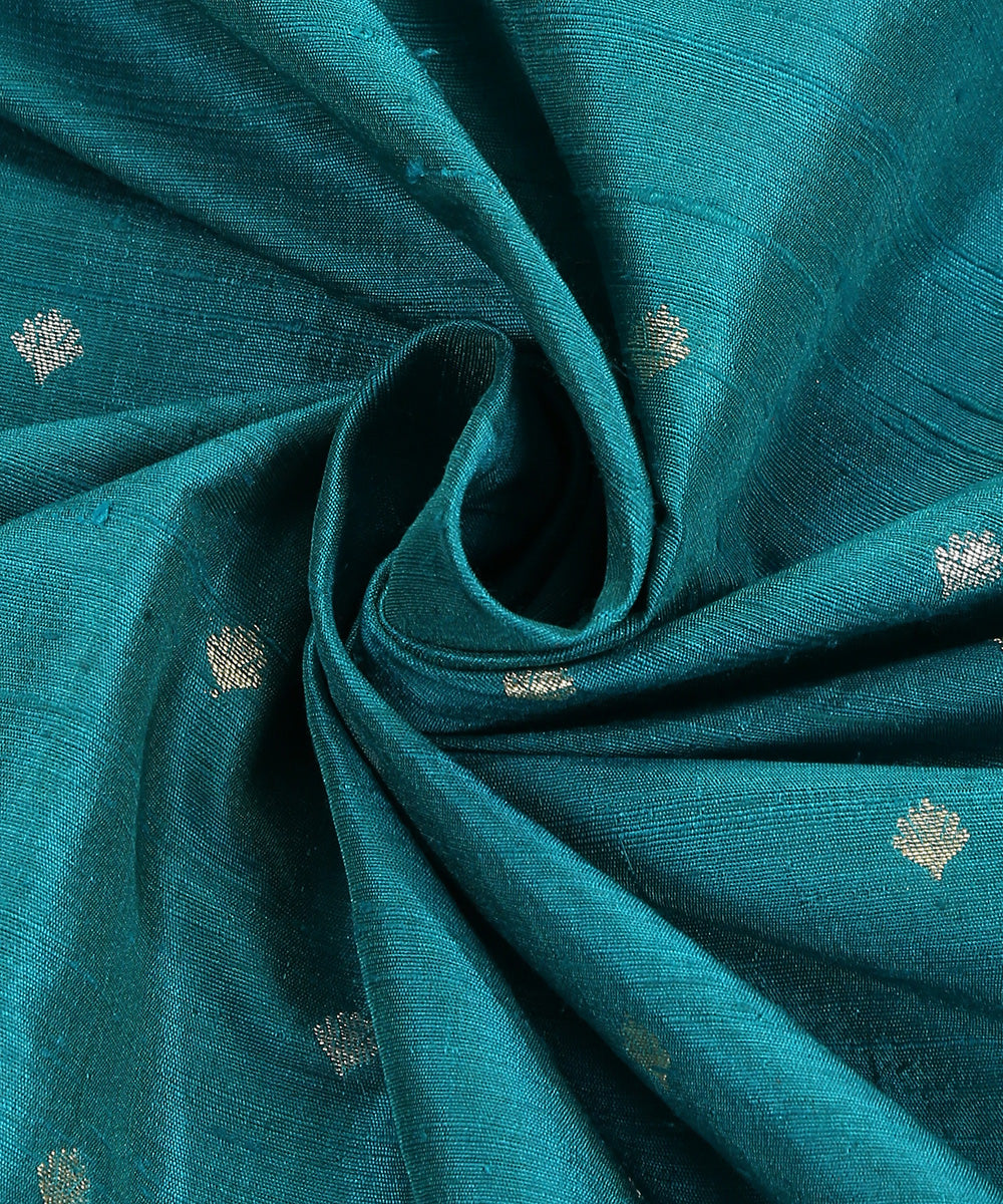 Turquoise_Blue_Handloom_Pure_Tussar_Silk_Banarasi_Fabric_With_Booti_WeaverStory_05