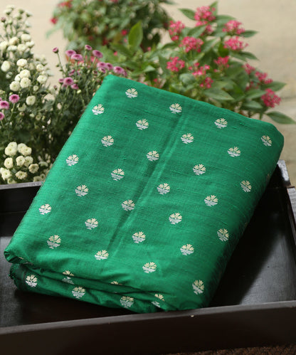 Green_Handloom_Pure_Raw_Silk_Banarasi_Fabric_With_Small_Zari_Booti_WeaverStory_01