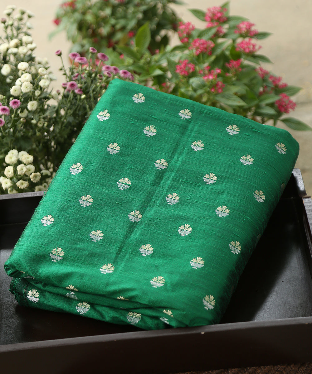 Green_Handloom_Pure_Raw_Silk_Banarasi_Fabric_With_Small_Zari_Booti_WeaverStory_01