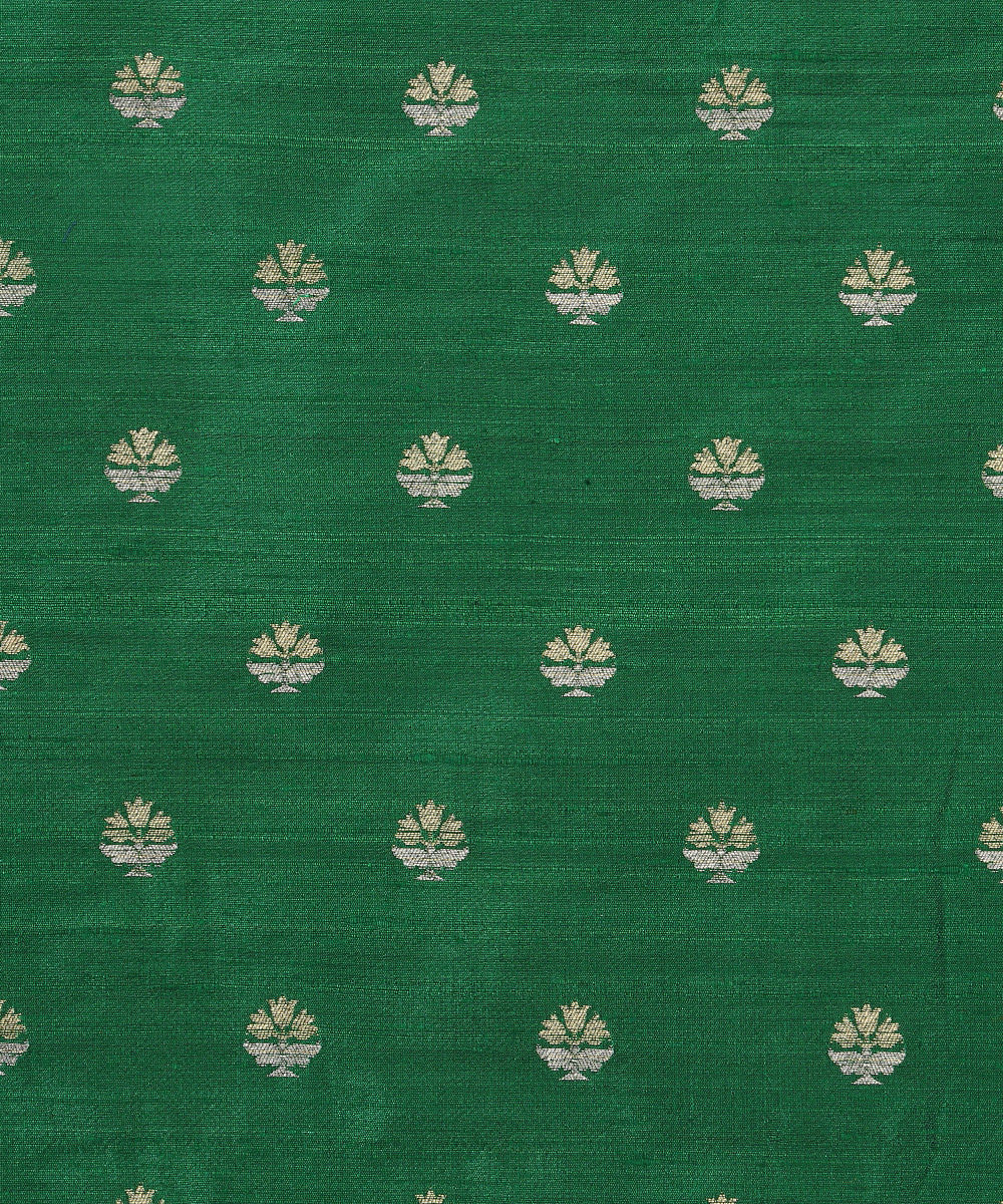 Green_Handloom_Pure_Raw_Silk_Banarasi_Fabric_With_Small_Zari_Booti_WeaverStory_02