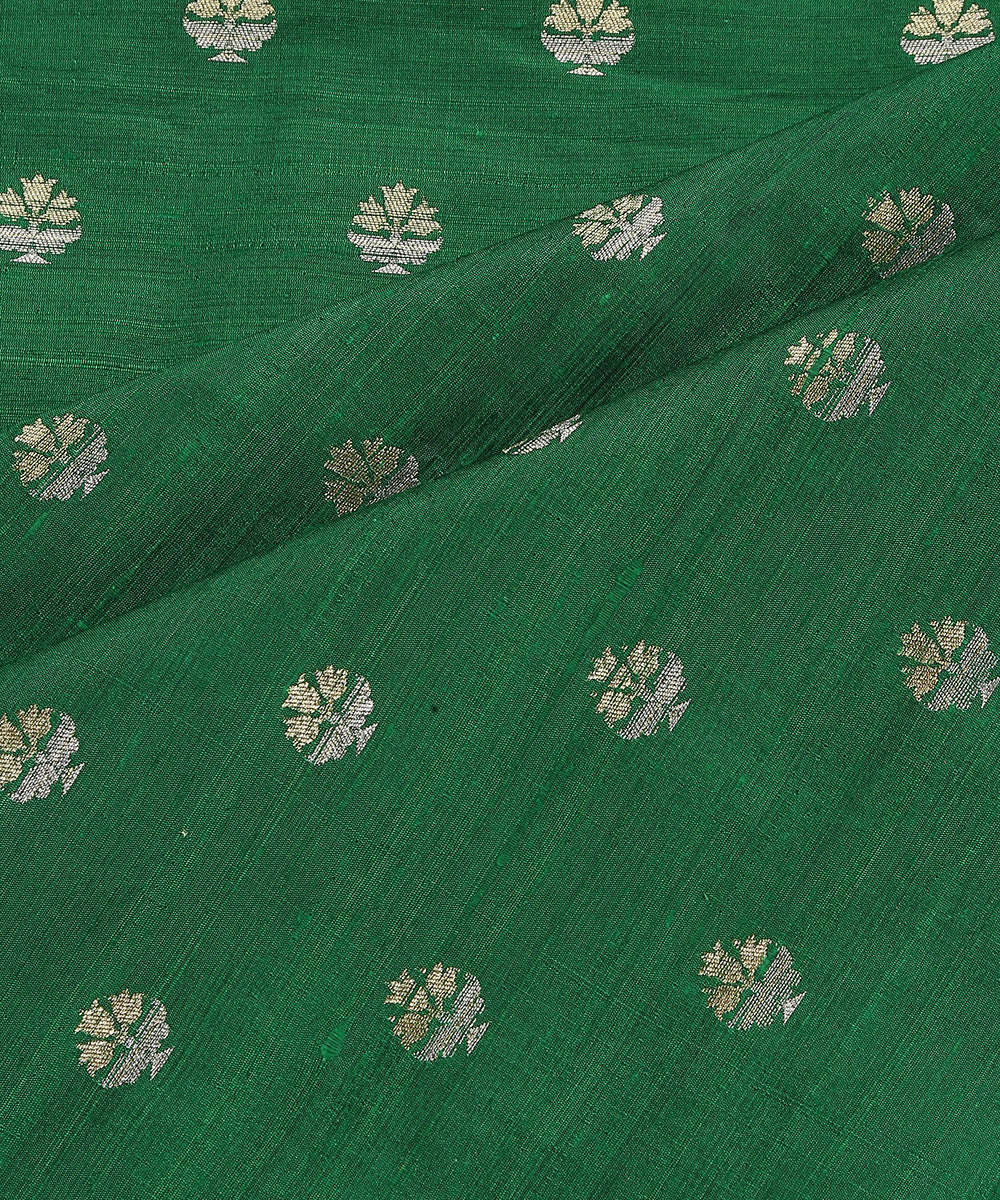 Green_Handloom_Pure_Raw_Silk_Banarasi_Fabric_With_Small_Zari_Booti_WeaverStory_04