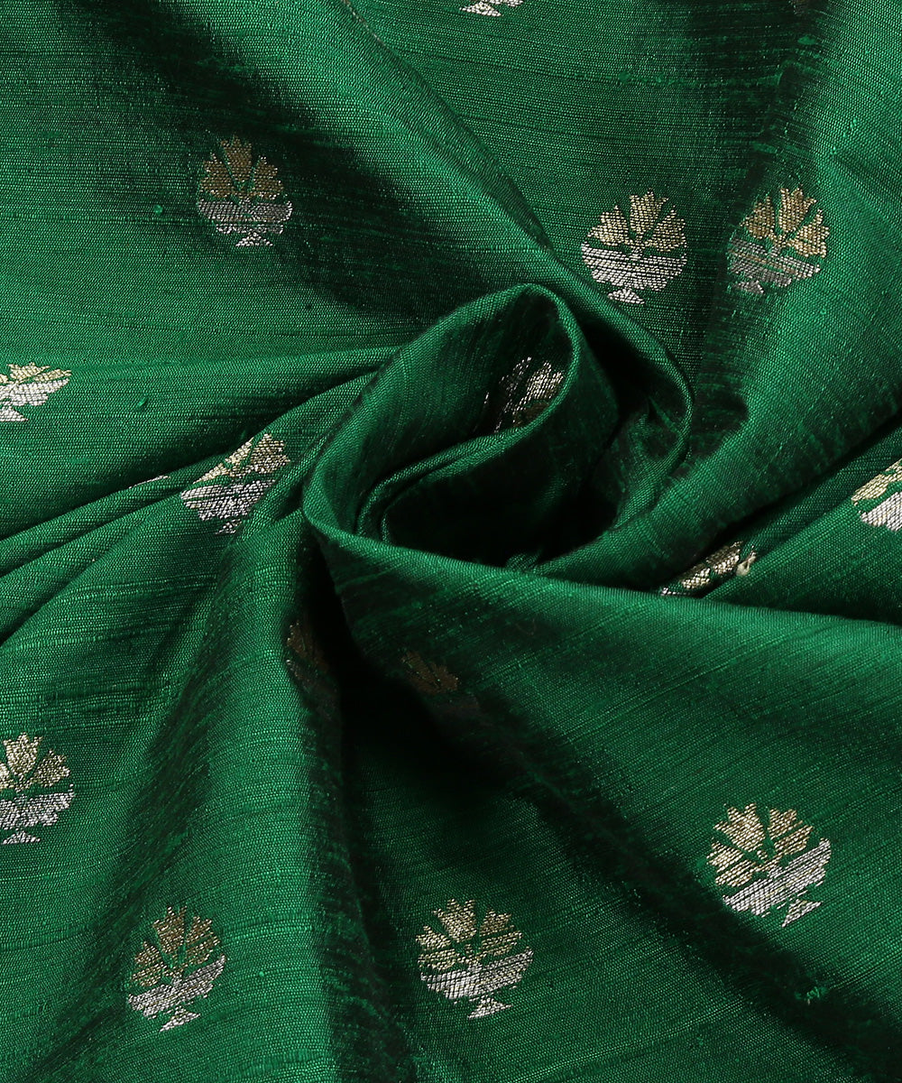 Green_Handloom_Pure_Raw_Silk_Banarasi_Fabric_With_Small_Zari_Booti_WeaverStory_05