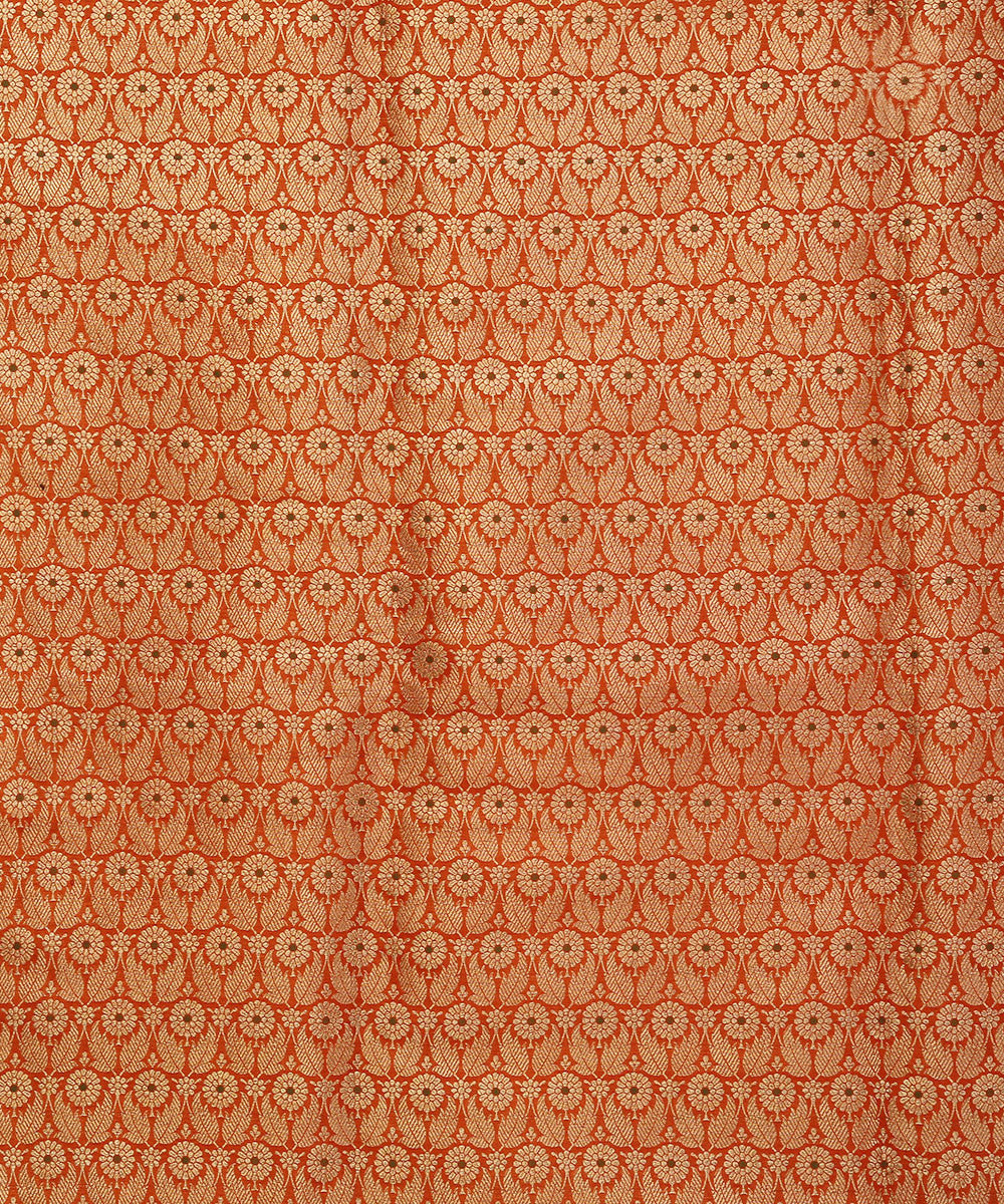 Orange_Handloom_Pure_Katan_Silk_Brocade_Kimkhab_Fabric_With_Green_Meenakari_Booti_WeaverStory_03