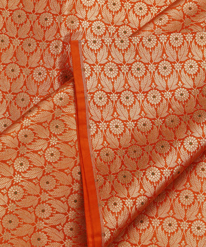 Orange_Handloom_Pure_Katan_Silk_Brocade_Kimkhab_Fabric_With_Green_Meenakari_Booti_WeaverStory_04