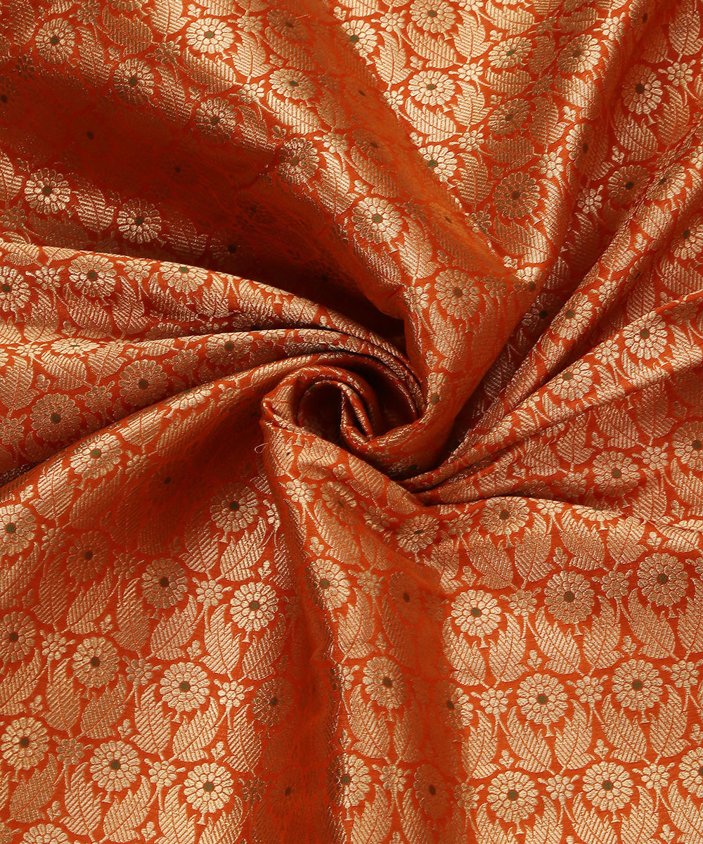 Orange_Handloom_Pure_Katan_Silk_Brocade_Kimkhab_Fabric_With_Green_Meenakari_Booti_WeaverStory_05
