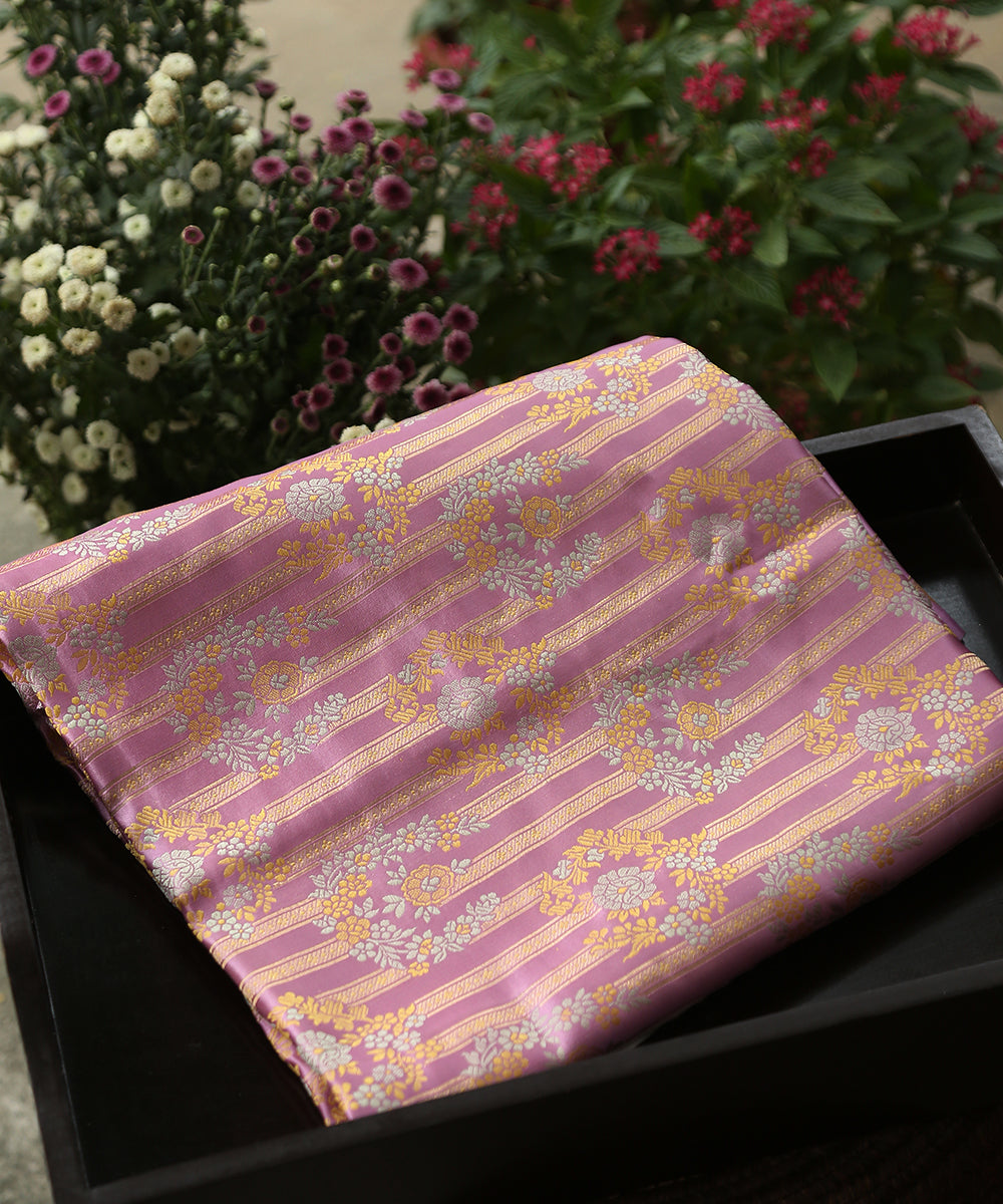 Handloom_Pink_Pure_Satin_Silk_Tanchoi_Banarasi_Fabric_With_Floral_Striped_WeaverStory_01