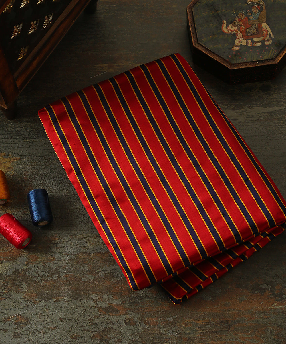 Handloom_Red_And_Blue_Pure_Satin_Silk_Striped_Banarasi_Fabric_WeaverStory_01