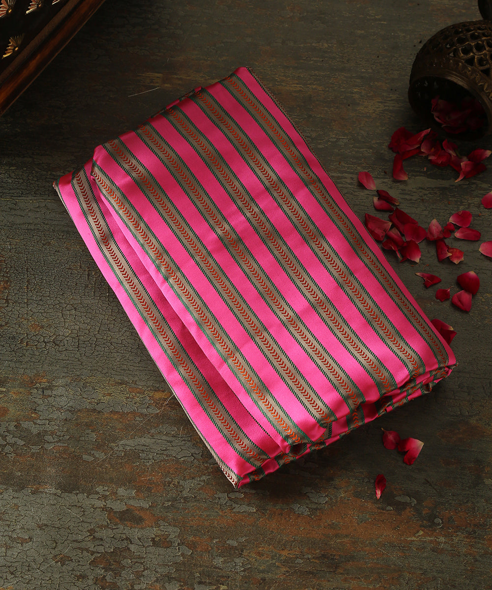Handloom_Pink_Multicolor_Pure_Mashroo_Silk_Striped_Banarasi_Fabric_WeaverStory_01