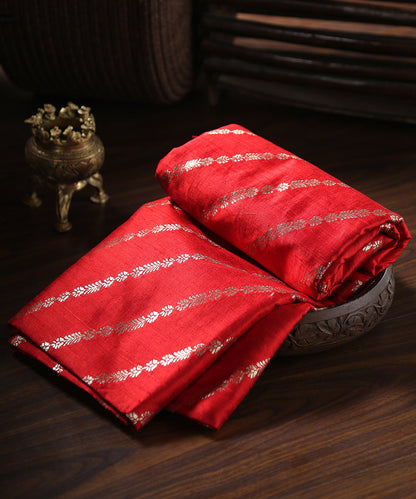 Handloom_Red_Pure_Tussar_Silk_Banarasi_Fabric_With_Zari_Cutwork_Jaal_WeaverStory_01