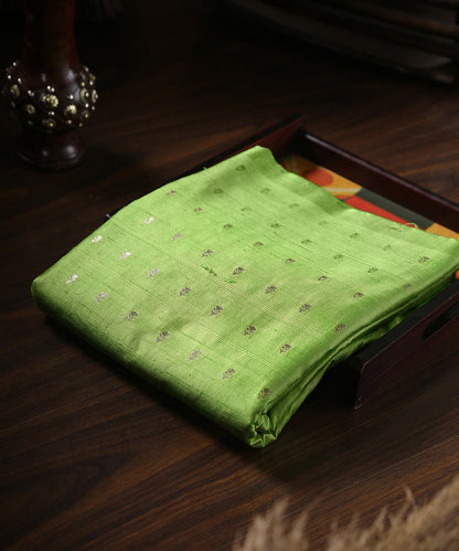 Neon_Green_Handloom_Pure_Tussar_Silk_Banarasi_Fabric_With_Cutwork_Zari_Booti_WeaverStory_01