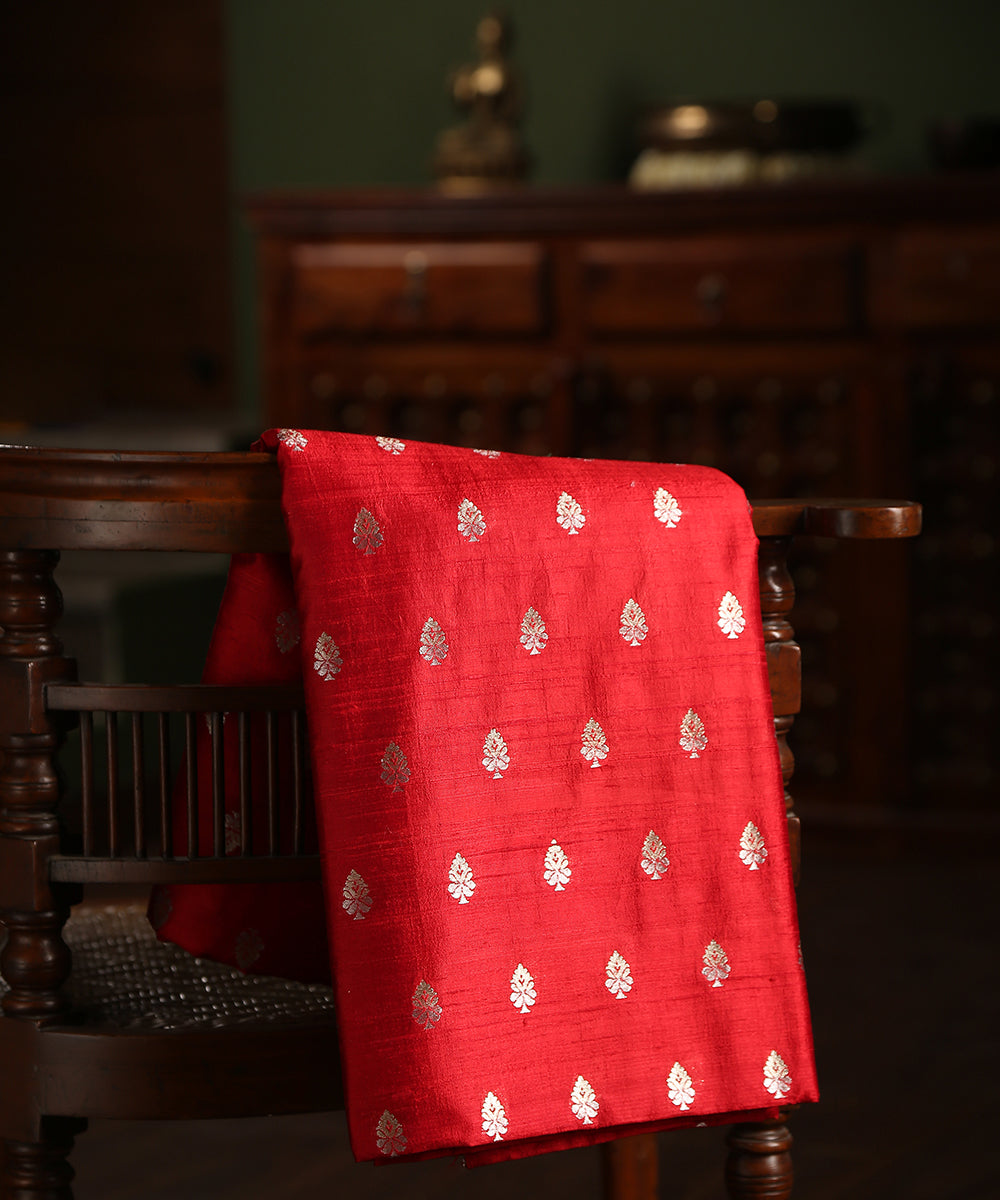 Handloom_Red_Pure_Tussar_Silk_Banarasi_Fabric_With_Sona_Rupa_Cutwork_Booti_WeaverStory_01