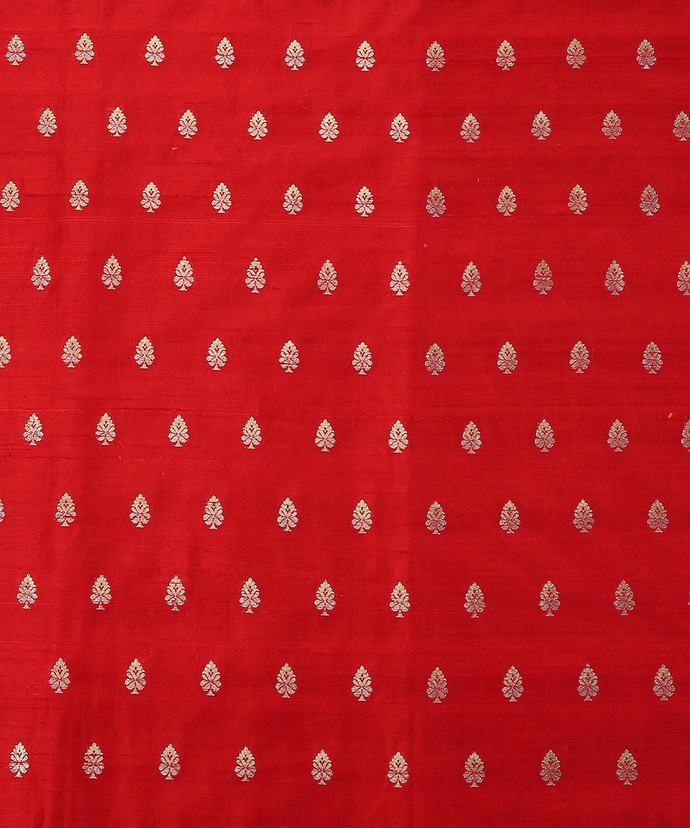 Handloom_Red_Pure_Tussar_Silk_Banarasi_Fabric_With_Sona_Rupa_Cutwork_Booti_WeaverStory_02