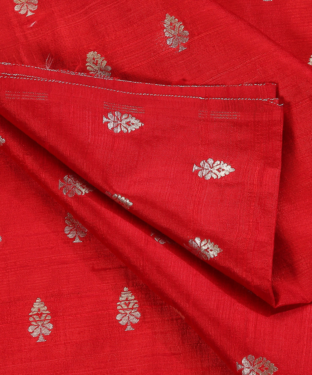 Handloom_Red_Pure_Tussar_Silk_Banarasi_Fabric_With_Sona_Rupa_Cutwork_Booti_WeaverStory_04