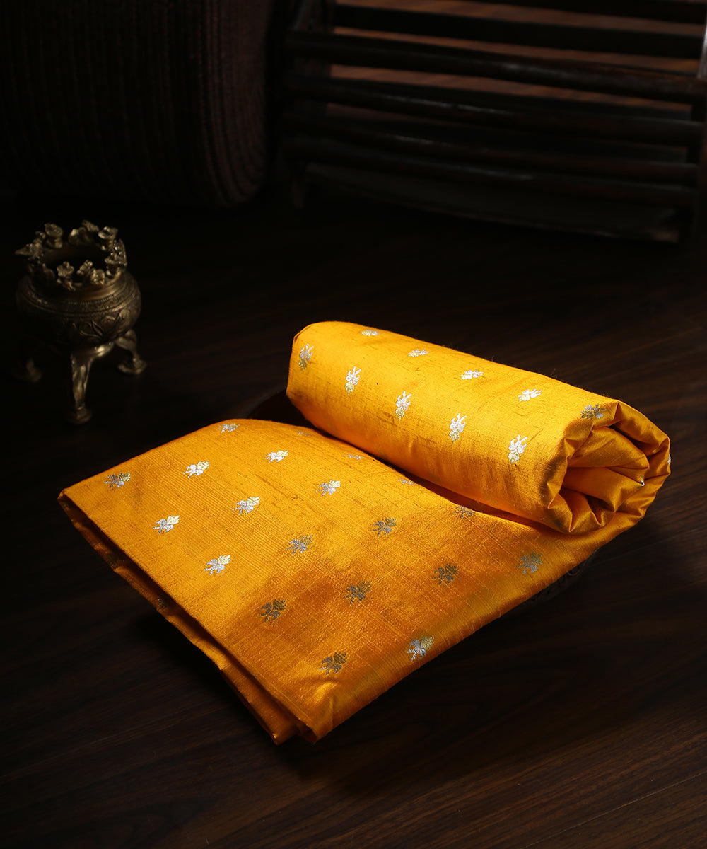 Yellow_Handloom_Pure_Tussar_Silk_Banarasi_Fabric_With_Sona_Rupa_Cutwork_Zari_Booti_WeaverStory_01