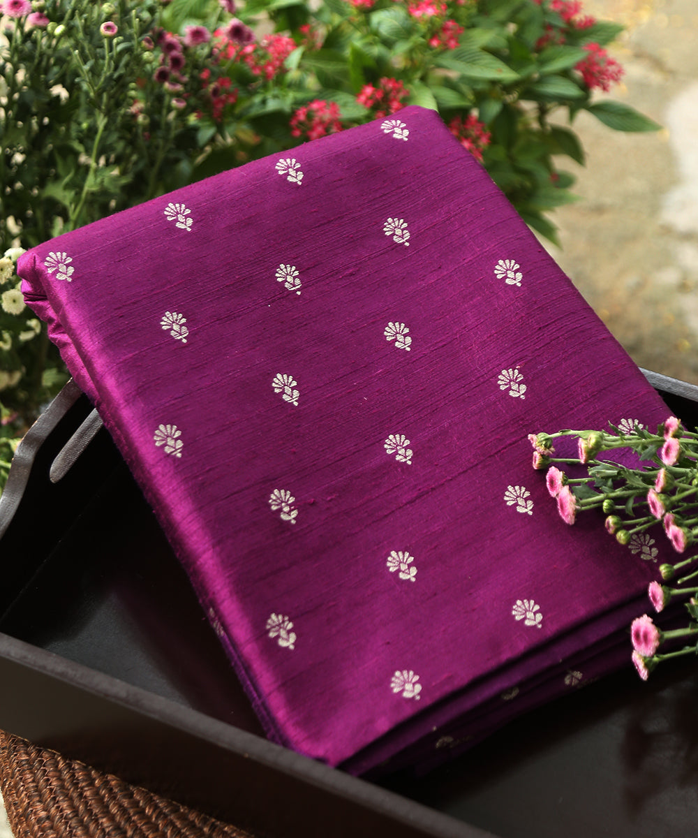 Purple_Handloom_Pure_Tussar_Silk_Banarasi_Fabric_With_Cutwork_Booti_WeaverStory_01