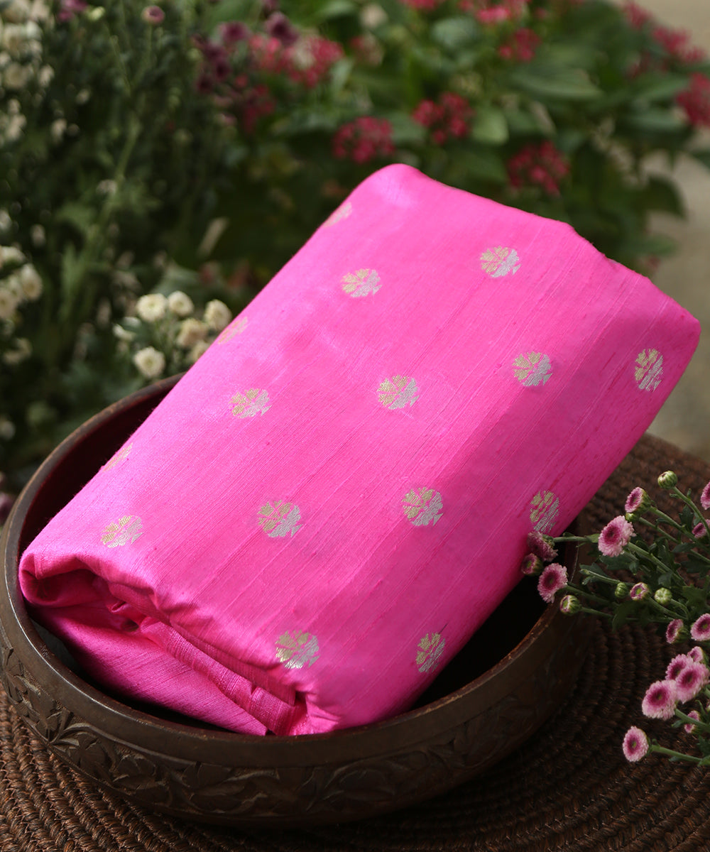 Handloom_Neon_Pink_Pure_Tussar_Silk_Banarasi_Fabric_With_Sona_Rupa_Booti_WeaverStory_01
