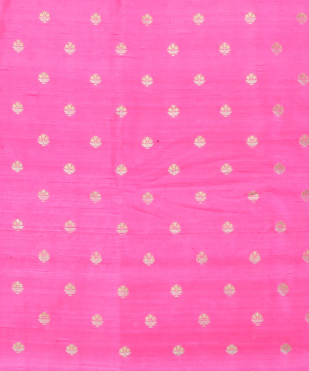 Handloom_Neon_Pink_Pure_Tussar_Silk_Banarasi_Fabric_With_Sona_Rupa_Booti_WeaverStory_02