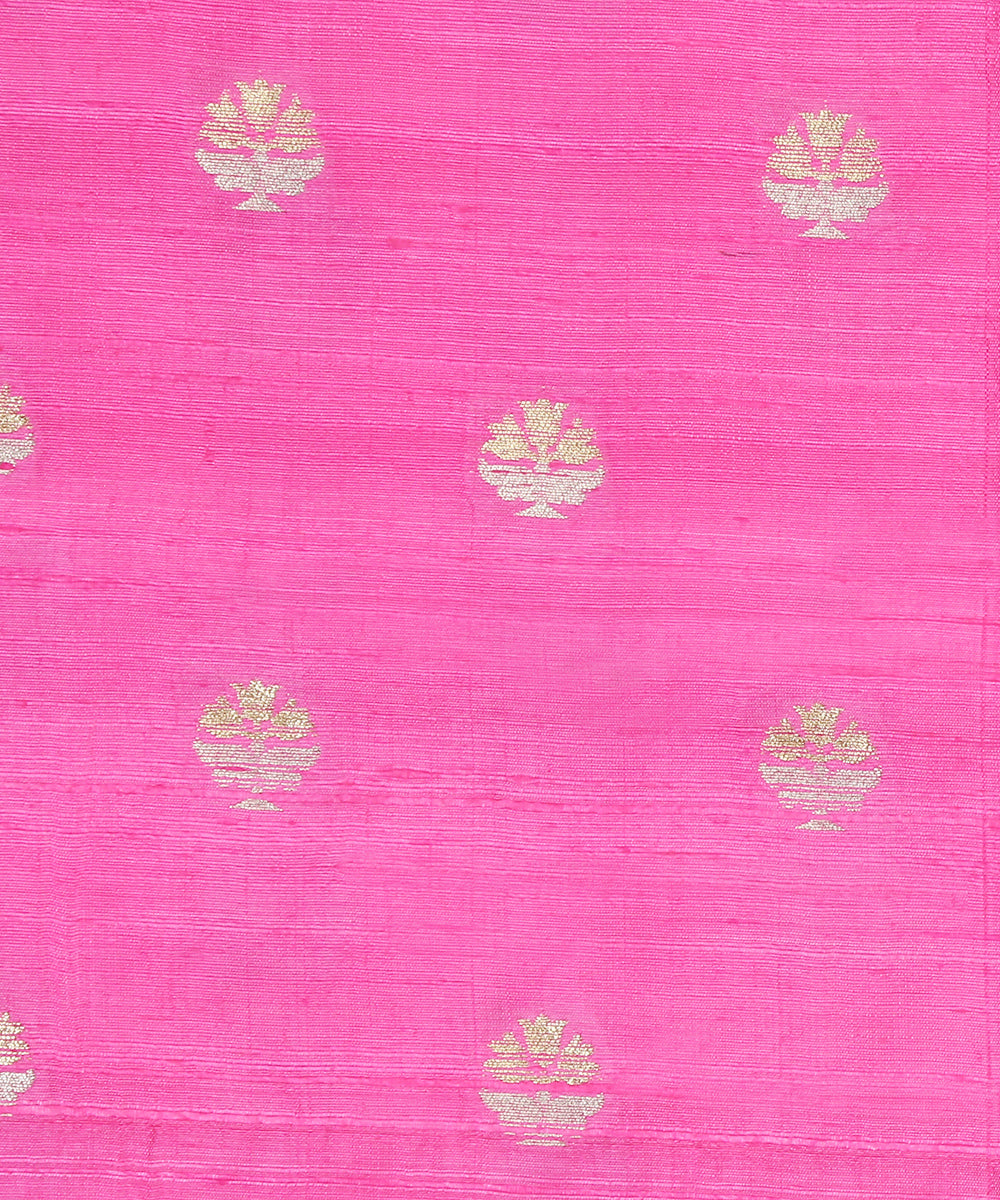 Handloom_Neon_Pink_Pure_Tussar_Silk_Banarasi_Fabric_With_Sona_Rupa_Booti_WeaverStory_03