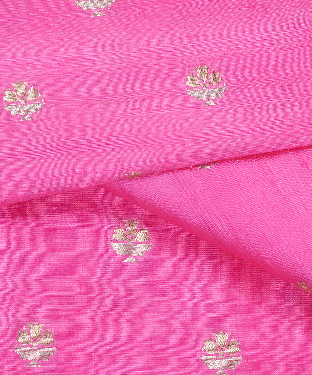 Handloom_Neon_Pink_Pure_Tussar_Silk_Banarasi_Fabric_With_Sona_Rupa_Booti_WeaverStory_04