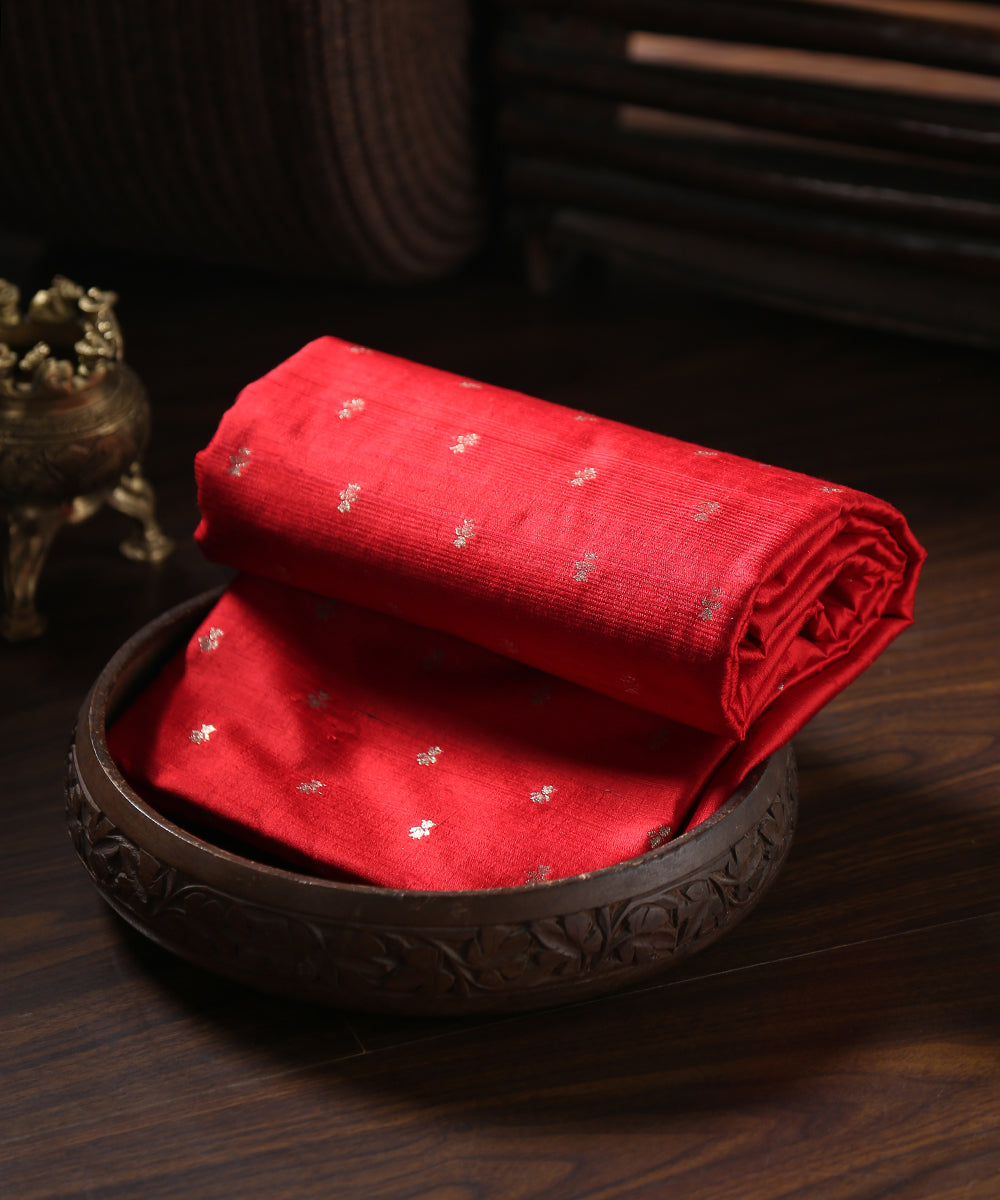 Handloom_Red_Pure_Tussar_Silk_Banarasi_Fabric_With_Sona_Rupa_Zari_Booti_WeaverStory_01