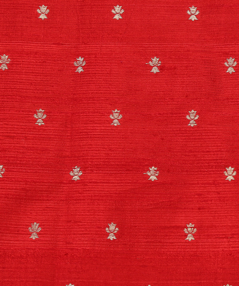 Handloom_Red_Pure_Tussar_Silk_Banarasi_Fabric_With_Sona_Rupa_Zari_Booti_WeaverStory_03