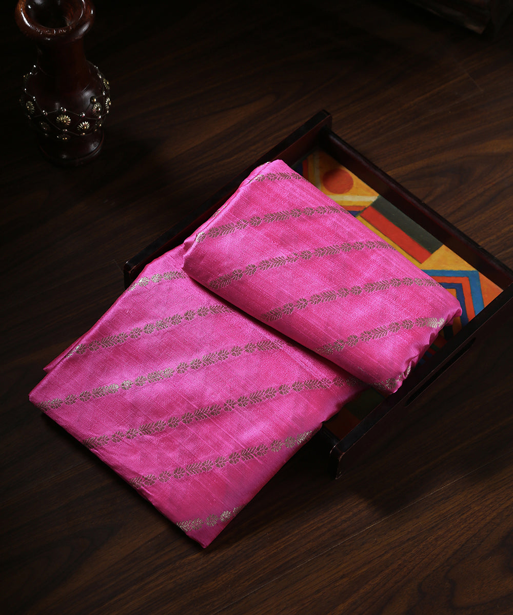 Handloom_Neon_Pink_Pure_Tussar_Silk_Banarasi_Fabric_With_Aada_Jaal_WeaverStory_01