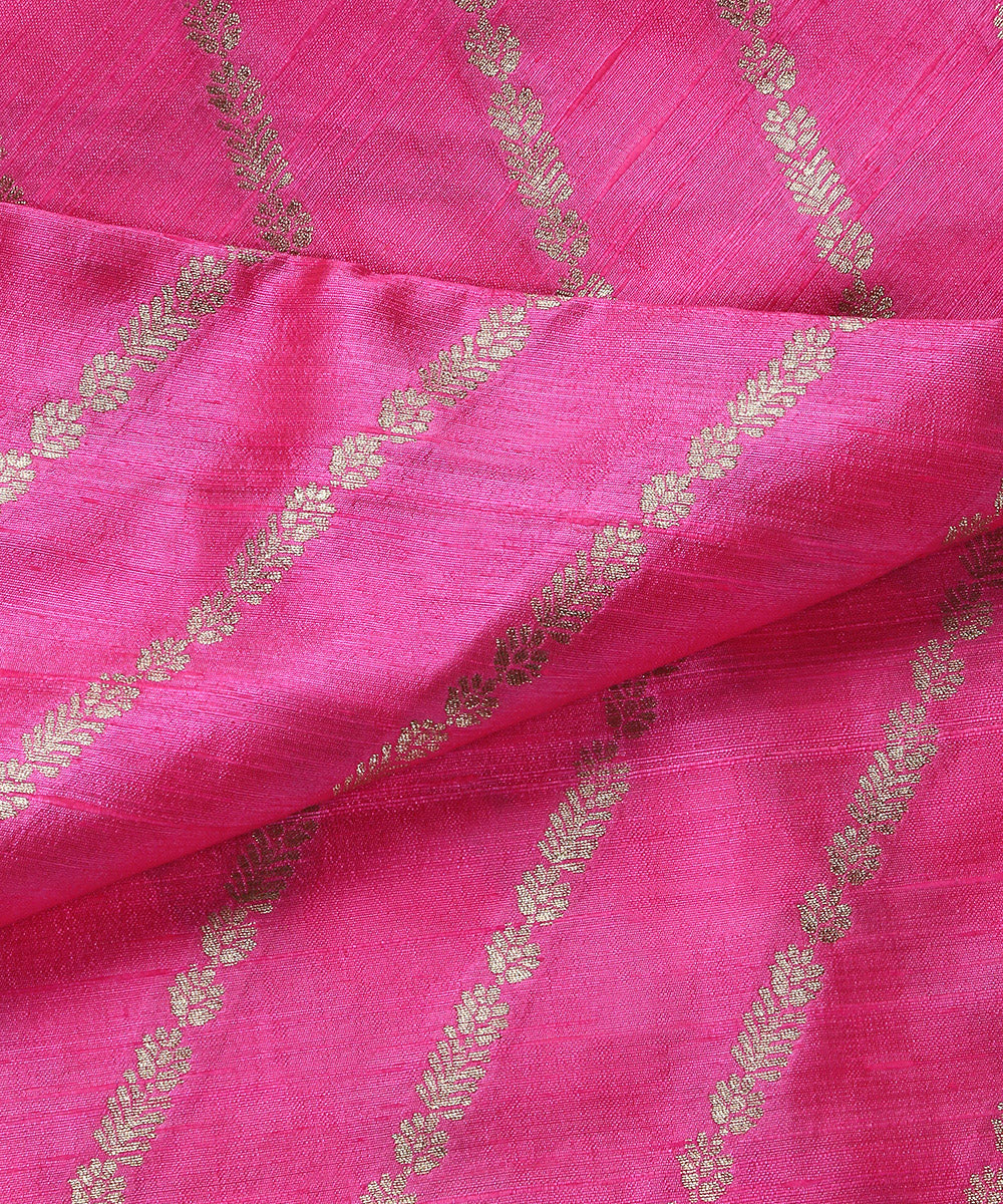 Handloom_Neon_Pink_Pure_Tussar_Silk_Banarasi_Fabric_With_Aada_Jaal_WeaverStory_04