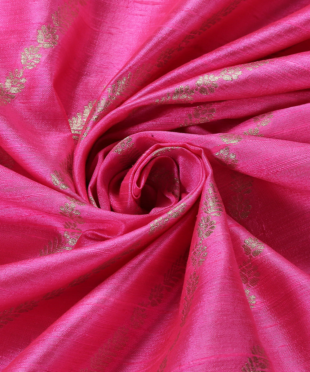 Handloom_Neon_Pink_Pure_Tussar_Silk_Banarasi_Fabric_With_Aada_Jaal_WeaverStory_05