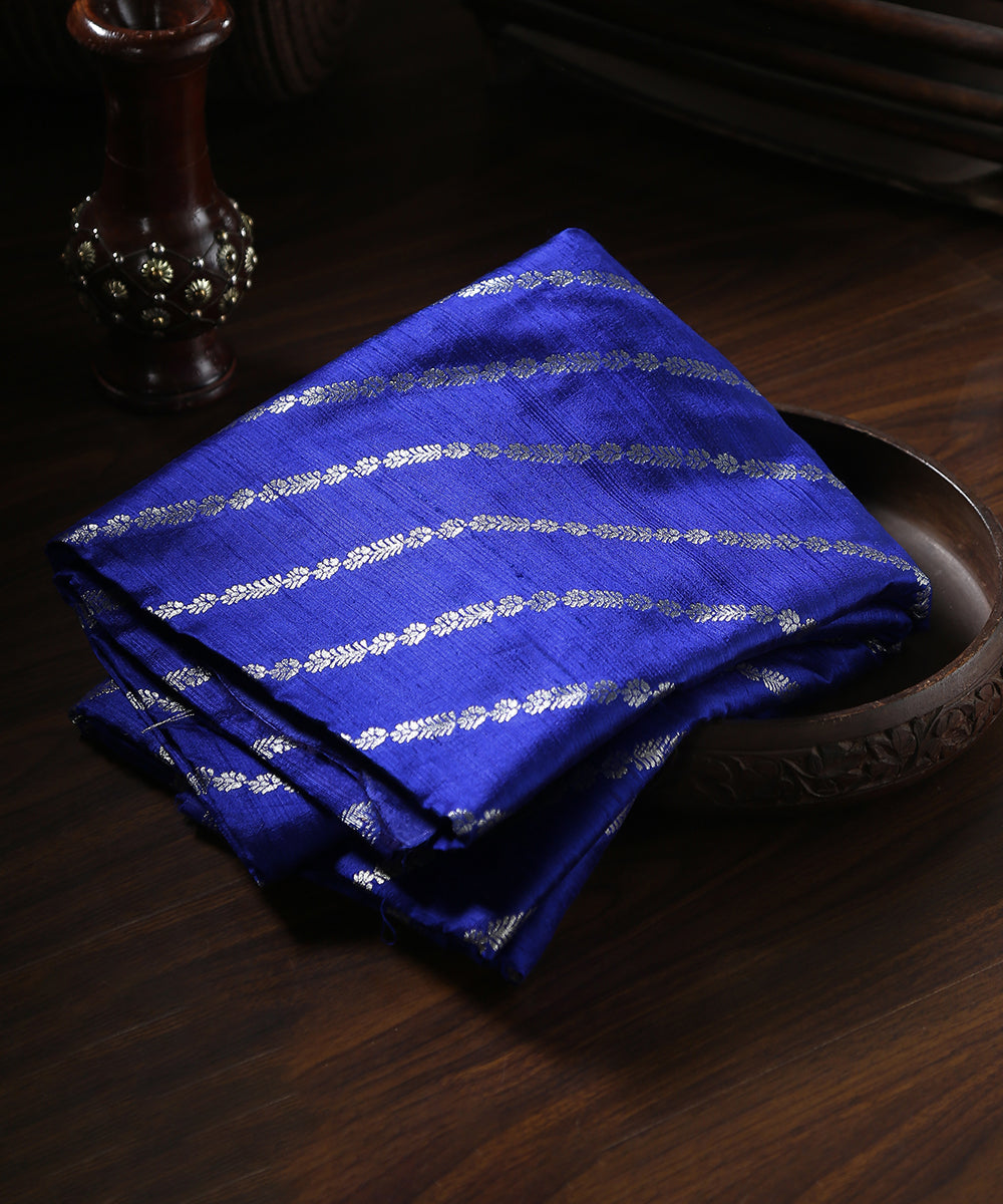 Handloom_Cobalt_Blue_Pure_Tussar_Silk_Banarasi_Fabric_With_Aada_Jaal_WeaverStory_01
