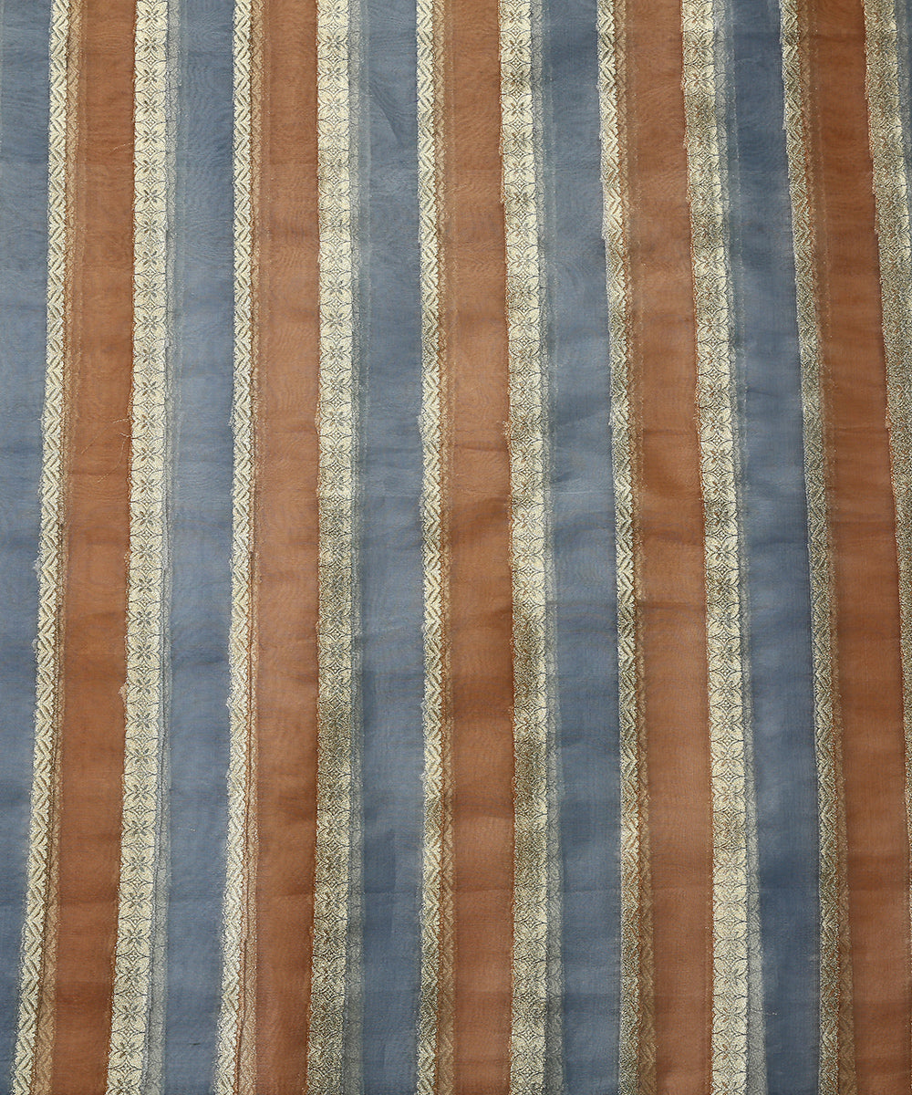 Brown_And_Powder_Blue_Handloom_Brush_Paint_Organza_Banarasi_Fabric_With_Striped_Zari_Work_WeaverStory_02