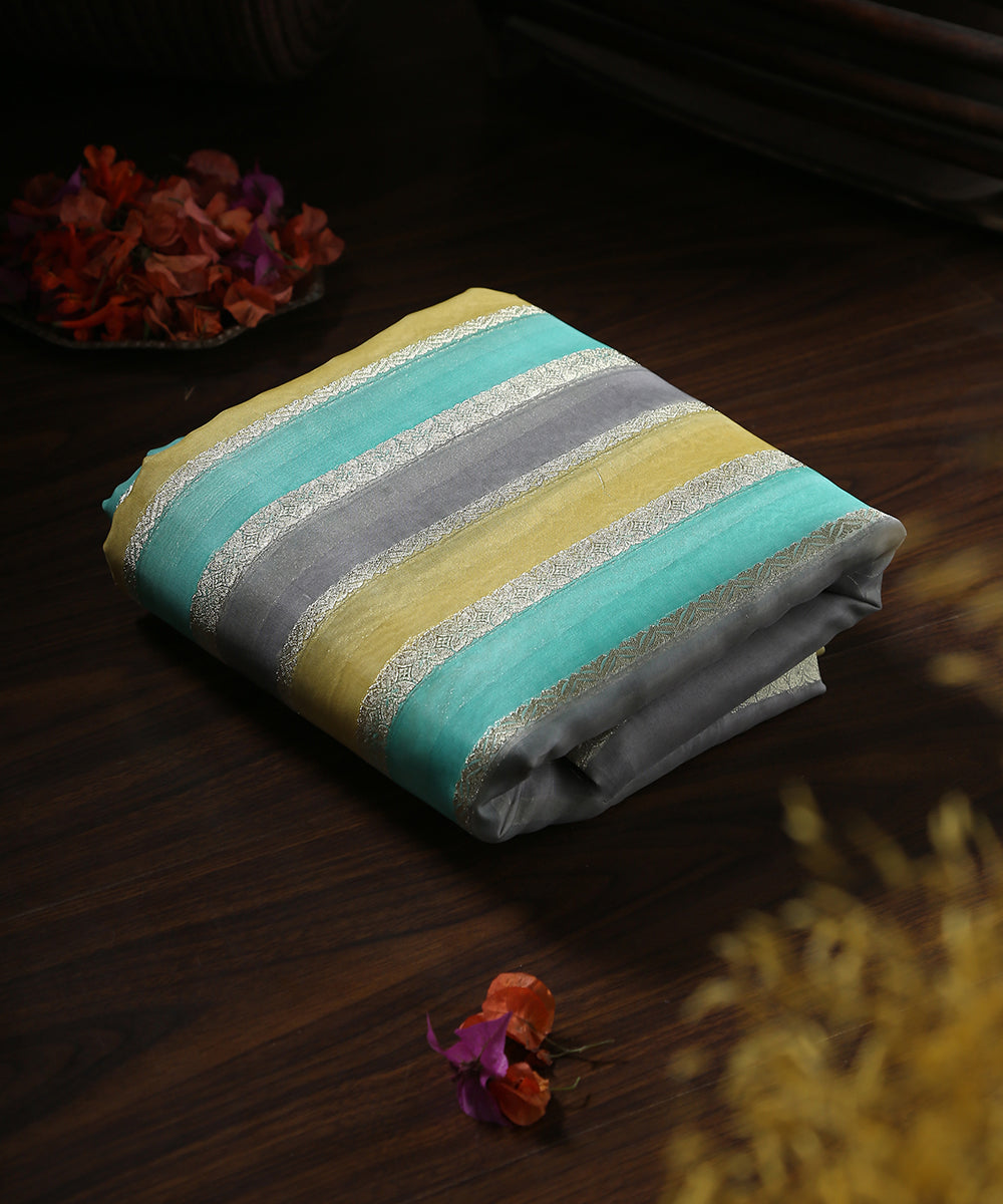 Yellow_And_Grey_Handloom_Brush_Paint_Organza_Banarasi_Fabric_With_Striped_Zari_Work_WeaverStory_01