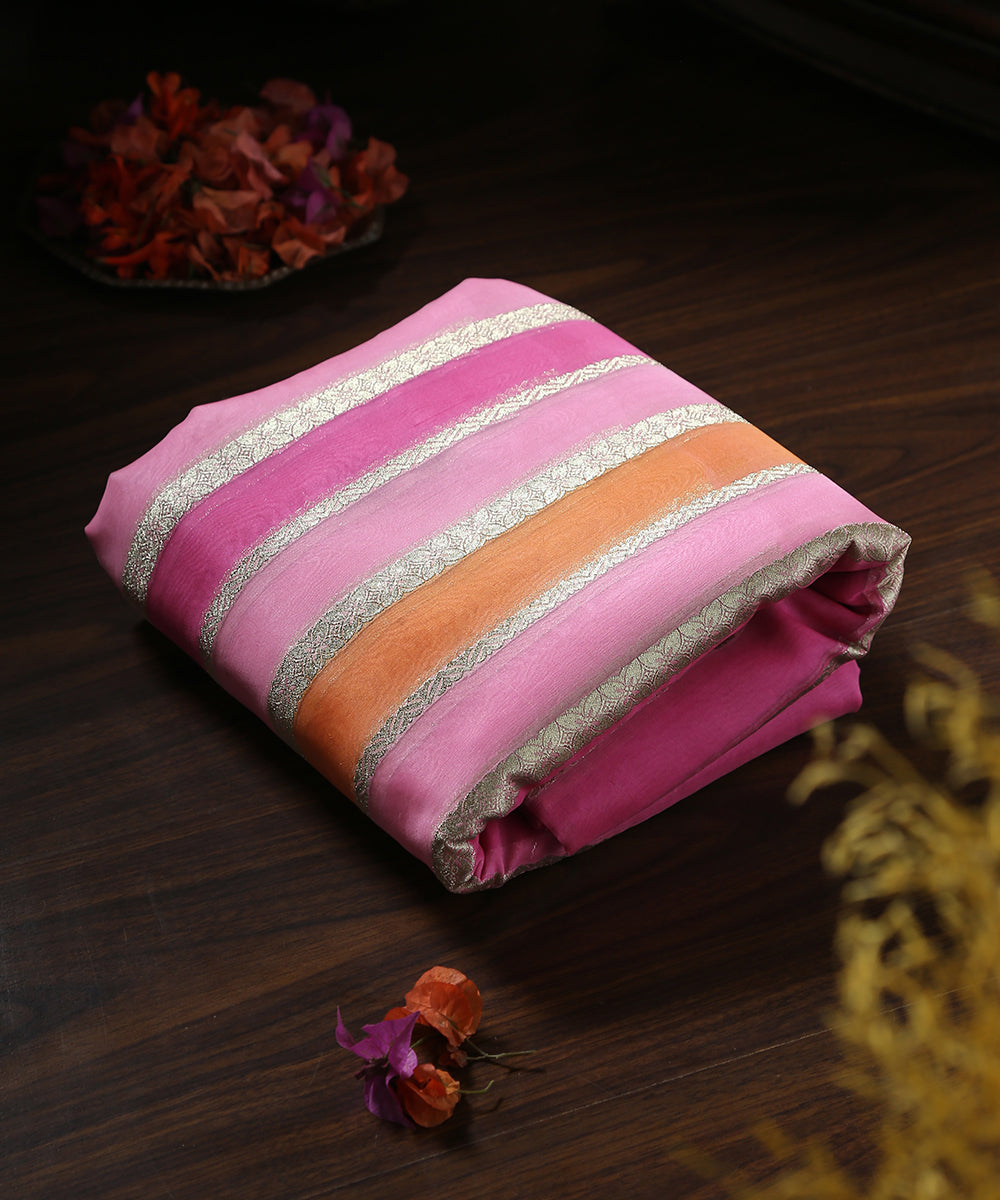 Pink_And_Orange_Handloom_Paint_Organza_Banarasi_Fabric_With_Striped_Zari_Work_WeaverStory_01