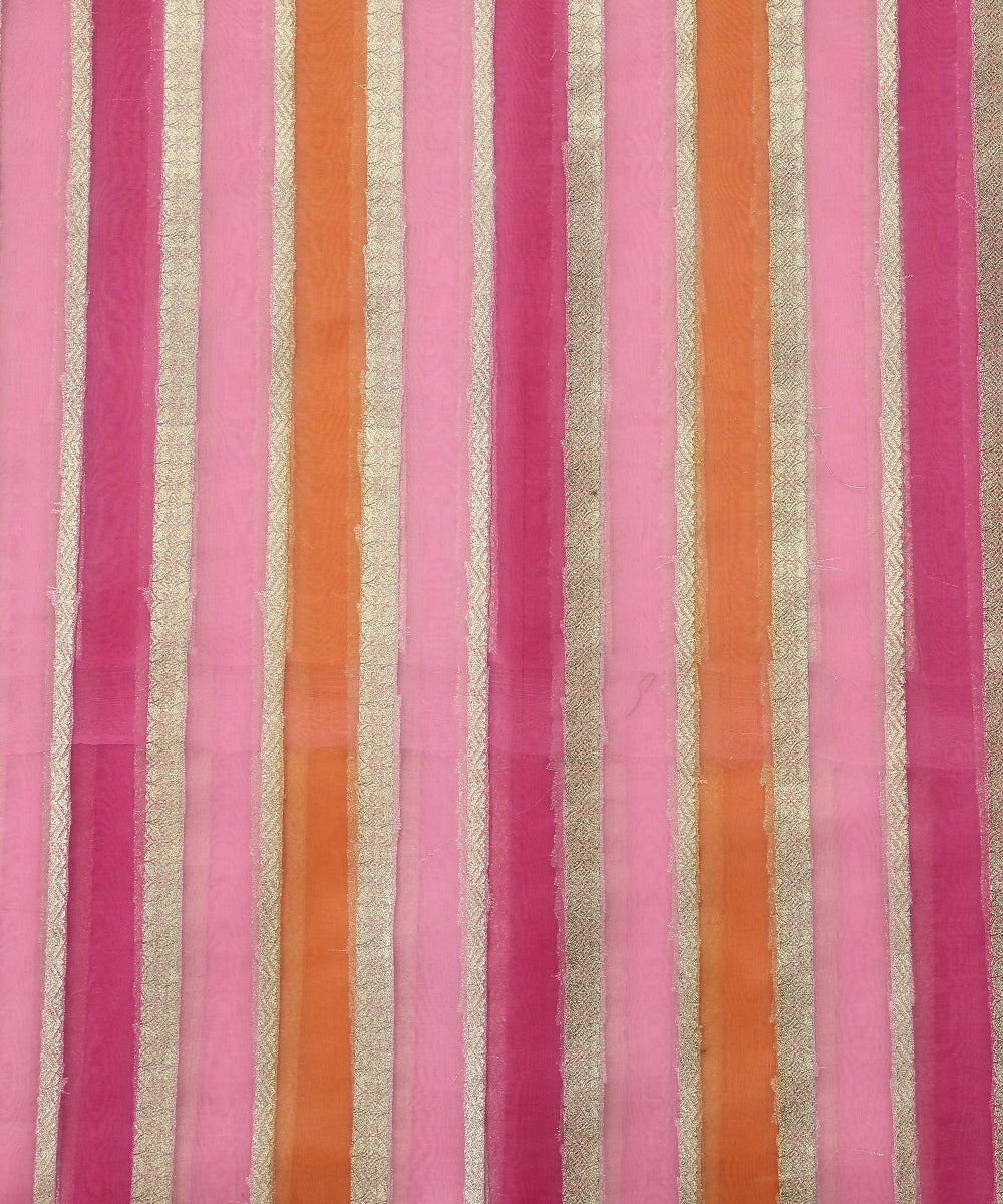 Pink_And_Orange_Handloom_Paint_Organza_Banarasi_Fabric_With_Striped_Zari_Work_WeaverStory_02