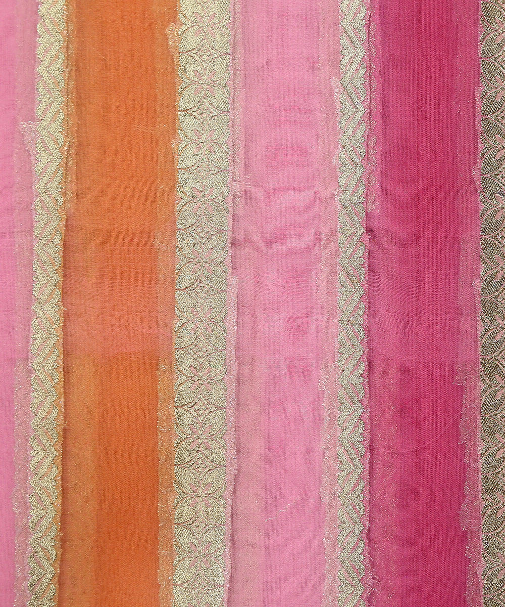 Pink_And_Orange_Handloom_Paint_Organza_Banarasi_Fabric_With_Striped_Zari_Work_WeaverStory_03