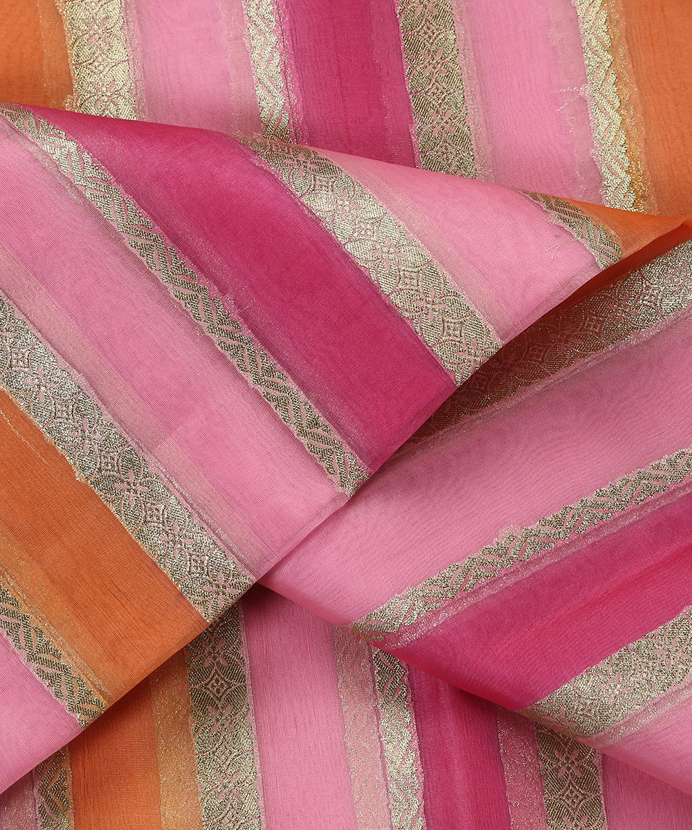 Pink_And_Orange_Handloom_Paint_Organza_Banarasi_Fabric_With_Striped_Zari_Work_WeaverStory_04