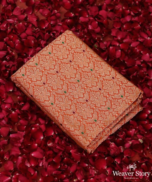 Peach_Handloom_Pure_Katan_Silk_Mughal_Motif_Kimkhab_Banarasi_Fabric_In_Antique_Zari_WeaverStory_01