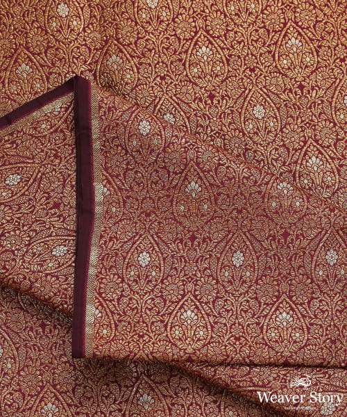 Wine_Handloom_Pure_Katan_Silk_Floral_Motif_Banarasi_Fabric_In_Antique_Zari_WeaverStory_04