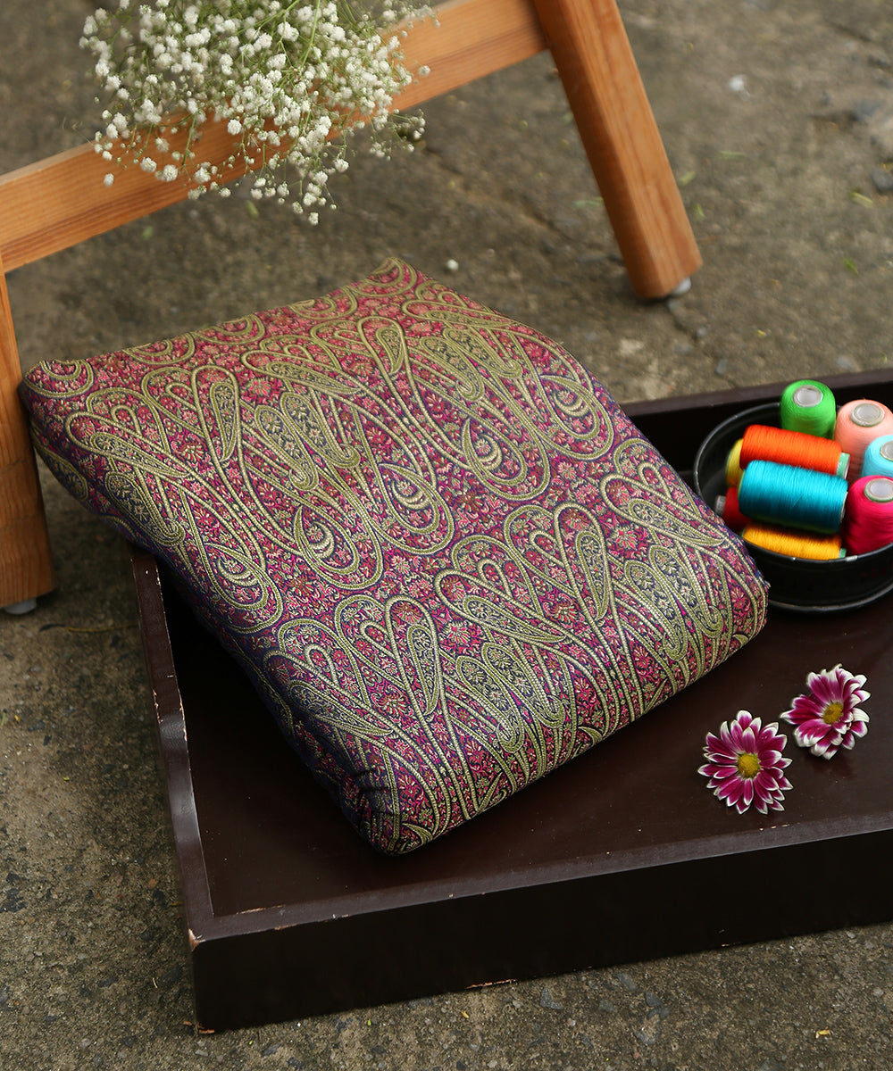 Navy_Blue_Handloom_Pure_Katan_Silk_Zari_Kimkhab_Banarasi_Fabric_With_Paisley_Resham_Three_Color_WeaverStory_01