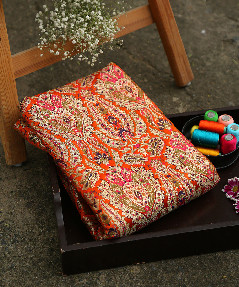 Orange_Handloom_Pure_Katan_Silk_Kimkhab_Banarasi_Fabric_With_Multicolor_Meenakari_WeaverStory_01
