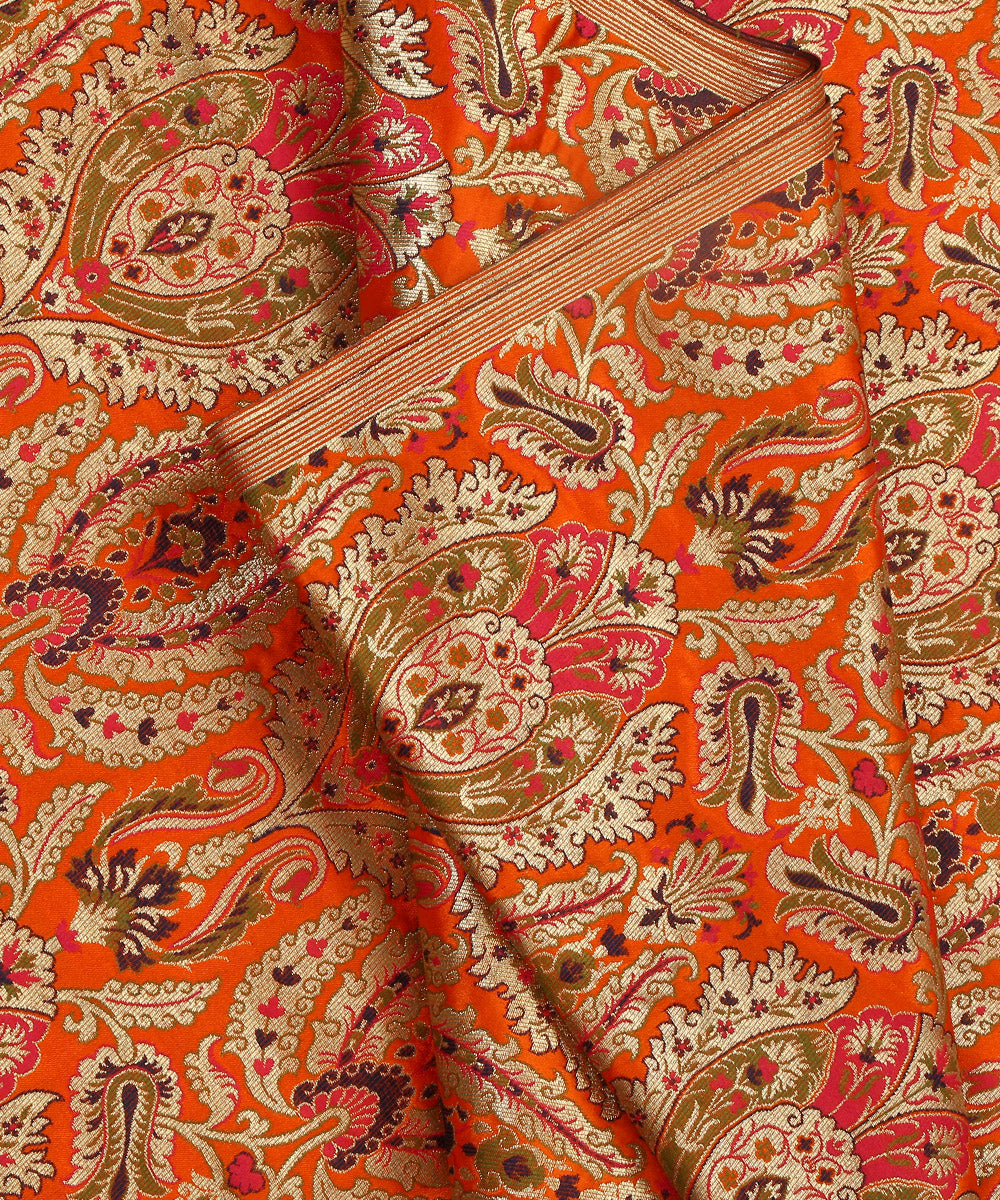 Orange_Handloom_Pure_Katan_Silk_Kimkhab_Banarasi_Fabric_With_Multicolor_Meenakari_WeaverStory_04