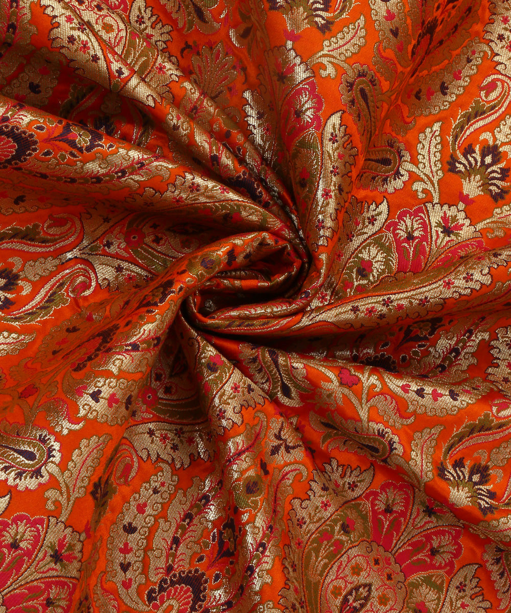Orange_Handloom_Pure_Katan_Silk_Kimkhab_Banarasi_Fabric_With_Multicolor_Meenakari_WeaverStory_05