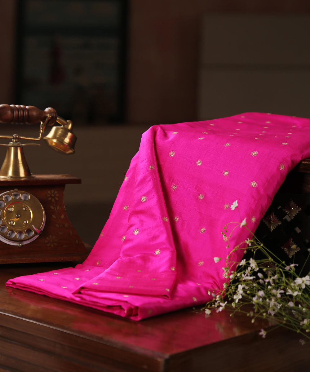 Handloom_Hot_Pink_Pure_Katan_Silk_Pure_Katan_Silk_Banarasi_Fabric_With_Cutwork_Booti_WeaverStory_01