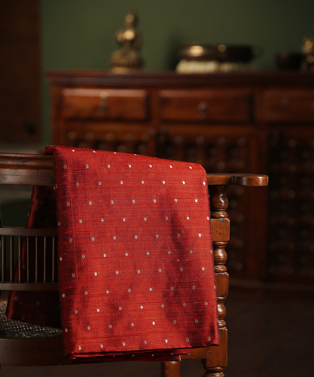 Handloom_Dark_Brown_Double_Shade_Pure_Tussar_Silk_Banarasi_Fabric_With_Cutwork_Booti_WeaverStory_01