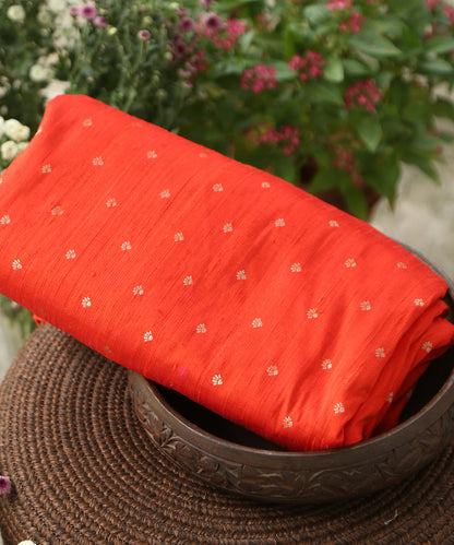 Handloom_Orange_Pure_Tussar_Silk_Banarasi_Fabric_With_Cutwork_Booti_WeaverStory_01